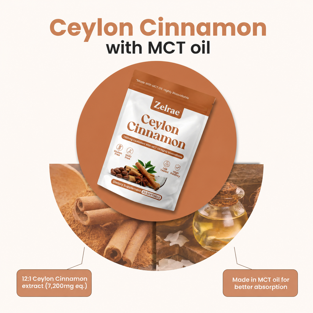 Ceylon Cinnamon 7200mg Equivalent with MCT Oil